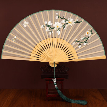 Zhenzhen top-grade fan for women, antique style embroidered silk folding fan, chinese classical folding dancing fan, chinese special gifts for foreigners, embroidered magnolia butterfly + exquisite gift box, 7 inches