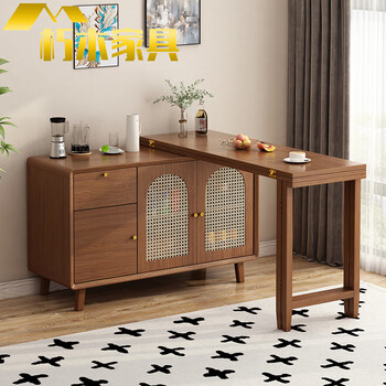 Solid wood folding dining table and sideboard integrated island chinese style small household wall storage cabinet retractable dining table 1.29m combination cabinet walnut color