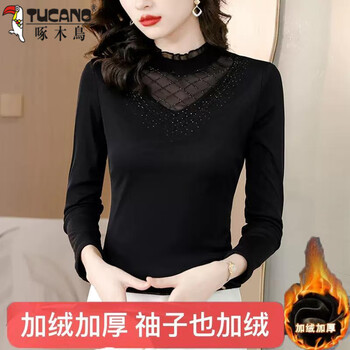 Woodpecker western style lace black bottoming shirt for women spring and autumn 2025 new mother mesh long-sleeved t-shirt autumn and winter inner top black plus velvet xl recommended 116-125 pounds