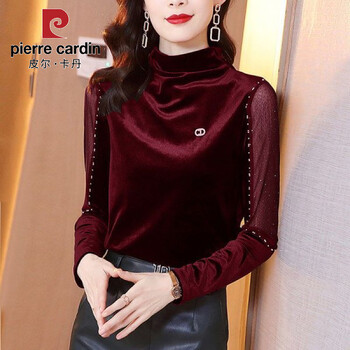Pierre cardin 2025 new gold velvet bottoming shirt women's top autumn and winter korean style half turtleneck versatile beaded long-sleeved t-shirt for women burgundy m recommended 850-102 catties