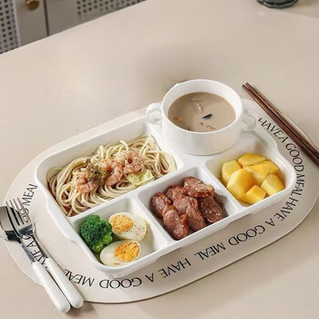 Porcelain beauty pure white ceramic divided plate fat-reduced dinner plate 5-compartment breakfast plate company canteen dinner plate deep plate 3cm deep plate pure white five-compartment plate + double-ear bowl 1 piece 31.5cm