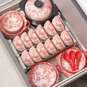 Aguduo bowl set household ceramic bowl jingdezhen wedding tableware complete set of bowls, plates, chopsticks, plates housewarming wedding gift rose holiday food for 8 people (soup bowl configuration) 38-piece set