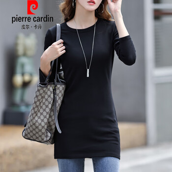 Pierre cardin long-sleeved mid-length bottoming shirt for women, can be worn outside in spring, autumn and winter, velvet slim-fitting butt-covering, stylish inner top, black, no velvet, m, recommended under 100 pounds