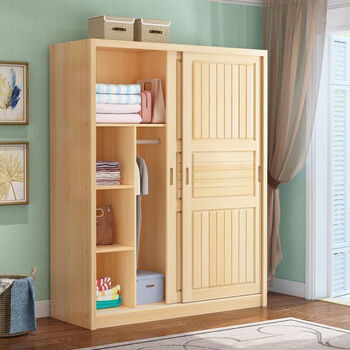 Honglan sliding door wardrobe pine economical solid wood large wardrobe modern simple home sliding bedroom wardrobe length 120 depth 50 height 200 (delivery to home, self-installation) log unpainted ready stock