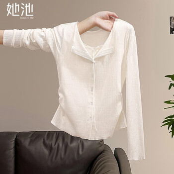 Her pool fake two sweet bottoming shirts 2026 spring new style niche stitching right shoulder long-sleeved tops