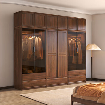 Original black walnut solid wood wardrobe bedroom home storage double door modern simple glass door with light large wardrobe brown glass door wardrobe + solid wood door wardrobe
