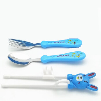 Mi ling baby tableware set children's portable bowls and chopsticks special children's practice anti-fall household stainless steel eating spoon and fork children's tableware (3-piece set) blue