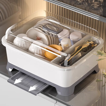 Mouthware bowl and chopsticks storage box with lid and drain cupboard for dishes, plates, tableware, kitchen household bowl rack, storage rack, bowl box, medium size, gray, with 4 drain racks