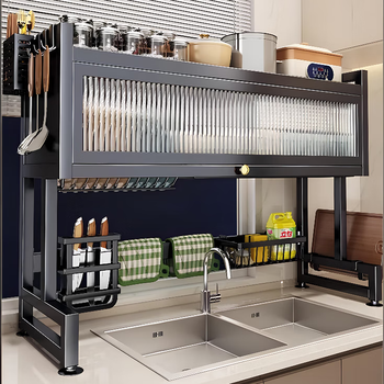 Rsrddy kitchen sink drain rack dishwashing sink sink dust-proof bowl counter top storage tableware multi-functional storage rack black main rack regular style 65cm + 6 hooks