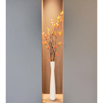 Simple, light, luxurious, slender and long ceramic vase with long branches and dried flowers, large flower arrangement device, tv cabinet, entrance cabinet, home decoration, off-white large + hand-feeling large autumn leaves, 2 branches, total height 115cm