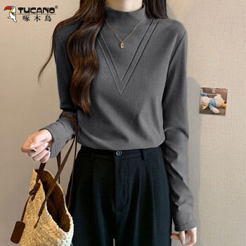 Woodpecker double-sided german velvet thickened bottoming shirt for women 2025 autumn and winter new style plus velvet right shoulder half turtleneck slim long-sleeved t-shirt for women gray m