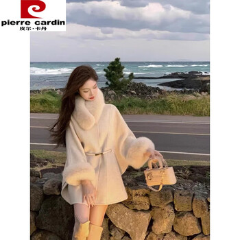 Pierre cardin white woolen cloak fur coat for women 2025 autumn and winter new temperament lady belt mid-length thick coat for women off-white temperament lady s
