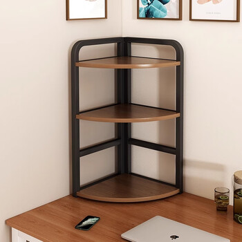 Kunfeng bookshelf desktop storage rack simple office desk corner desk storage corner small bookcase triangular organizing rack black shelf + walnut color two-layer small size