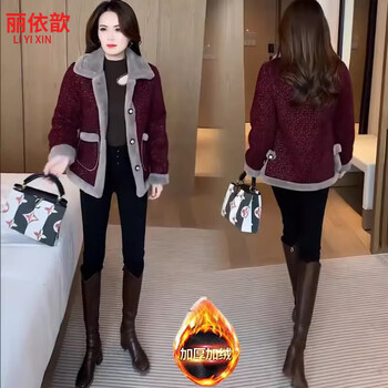 Li yixin's velvet thickened short coat for women 2025 new winter style temperament small fashionable warm big fur collar pie overcome thick flower maroon 3xl (110-120 pounds)