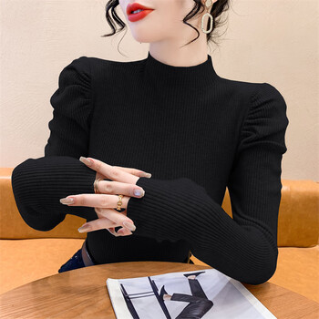 Yoekbird puff sleeve knitted bottoming shirt for women autumn and winter 2025 new style temperament half turtleneck slim sweater with inner top trendy black s