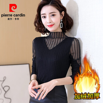 Pierre cardin bottoming shirt for women autumn and winter plus velvet thickened spring and autumn new style half high collar inner shirt mesh black lace slim fit black sleeves hollow. plus velvet l 100-110 pounds