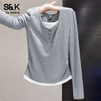 Baleno s&k series bottoming shirt women's long-sleeved t-shirt women's autumn and winter new fake two-piece trendy tops slim autumn clothes hemp gray # solid color soft and skin-friendly m