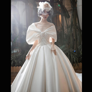 Xiaohanlu wedding dress bridal main yarn 2024 satin one-shoulder new style french retro texture large tail summer white floor-length wedding dress (comes with veil, gloves and skirt support) xxxxl