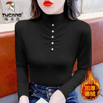Woodpecker bottoming shirt for women, stylish and thickened, 2024 new style, half-high collar, long-sleeved, autumn and winter elastic warm gray top, black, good quality, l, recommended 95-110 catties