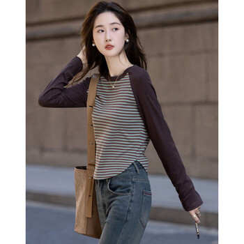 Demana line aesthetic autumn american retro striped color matching fashionable flesh-covering high-frequency good-matching long-sleeved women's t-shirt