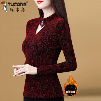 Woodpecker mesh bottoming shirt women's new autumn and winter plus velvet liner with red western style warm top temperament long sleeve t-shirt burgundy velvet xl 110-119 jin