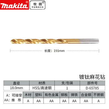 Makita/makita titanium-plated twist drill bit super-hard electric drill metal carbide drilling set 1 pack 18*191mm