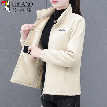 Woodpecker polar fleece jacket women's autumn and winter new style thick velvet fashion slim mommy windproof top apricot 3xl