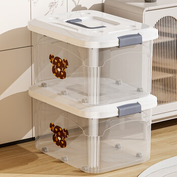 Straw bear transparent toy storage box home large capacity clothes storage organizer plastic portable snack storage box transparent diy model one pack large size 36.5*26*20cm - no wheels