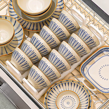 Lowe japanese-style ceramic tableware set 2025 new high-looking rice bowls, plates and tableware complete set of underglaze color bowls for housewarming liuliu dashun daily use yunlan 6-person food 34-piece set (high temperature underglaze color)