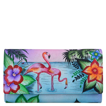 Anna by anuschka tri-fold leather tropical flamingo women's wallet
