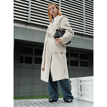 Peacebird 2024 winter hooded double-sided wool coat a1aae4473 oatmeal m