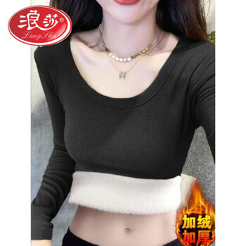 Langsha versatile u-neck long-sleeved t-shirt for women 2026 autumn and winter new slim fit inner layer with velvet and thickened warm base shirt for women, black, velvet, thickened l