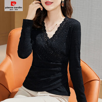 Pierre cardin women's v-neck large size lace bottoming top for women spring and autumn outerwear western style fashionable waist style diamond-encrusted top black thin m recommended 80-95 jin