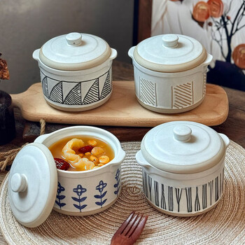 Pupan japanese-style stew pot ceramic with lid household water-proof stew pot rock sugar snow pear stew bowl one person food health soup crock pot japanese-style stew pot-little orchid