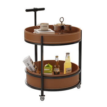 Modern urban italian saddle leather trolley sofa side table living room home bedroom study removable coffee table with wheels high-end saddle leather trolley brown