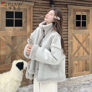 Woodpecker gray blue fur one-piece lamb wool jacket women winter 2025 new korean style ins suede popular wear gray blue jacket s 85-100 jin