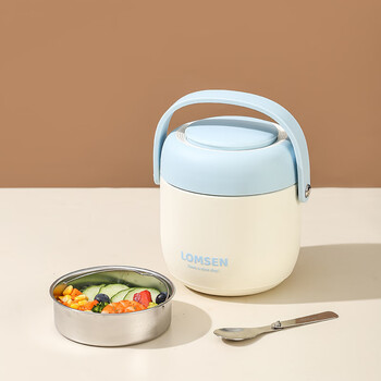 Lexiaoman 304 stainless steel insulated lunch box for office workers with rice bucket in winter multi-layer vacuum extra long insulated bucket portable pot blue small 1.3l comes with folding spoon