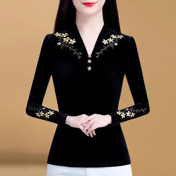 Orchid black bottoming shirt for women 2024 new embroidered shirt, stylish inner wear, warm fleece top 386 thin section 2xl suitable for 120-130 pounds