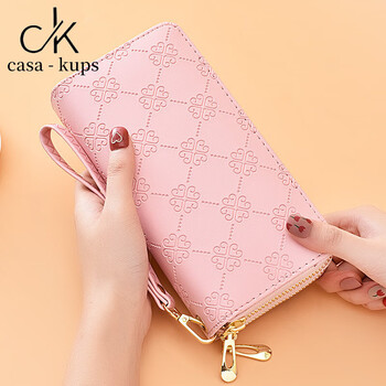 Casa-kupsck women's bag light luxury simple women's bag wallet long european and american bright leather double zipper clutch large capacity pink frosted