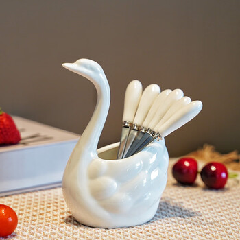 Simihua creative cute swan fruit fork ceramic stainless steel three-tine dessert fork dessert fork swan 6 fruit fork set 1 set white