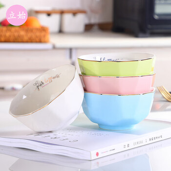 Lishi sharing bowls and plates for household use, one color ceramic bowl for each person, high-looking rice bowl, 5-inch rice bowl for the family, 4 light-colored bowls (pink, blue, green and white)