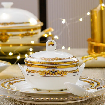 Ruijiu (ruijiu) creative gold-rimmed bone china stew cup, european style bird's nest bowl with lid, anti-scalding, hotel soup cup, microwaveable, babylon feast bone china ingot stew cup