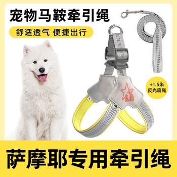 Good-looking samoyed special harness with traction rope for small and medium-sized dogs, vest-style dog walking rope, pet collar, yellow + 1.5 meter traction rope, xl- (recommended 35-48 pounds)