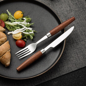 Aoki shangci japanese retro solid wood steak cutlery 4-piece set of knives, forks and spoons 304 stainless steel cake knives and forks two-piece set high-end two-piece knife and fork set