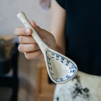 Youcci hand-painted stoneware plantain long-handled spoon, good-looking eating spoon, high-looking small spoon, japanese-style ceramic spoon, long-handled plantain spoon - blue line