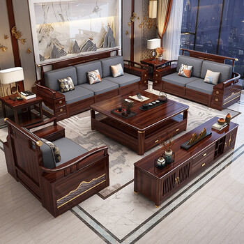 Congyou ebony wood sofa new chinese style ebony solid wood sofa combination storage sofa modern simple corner sofa 1+2+3+coffee table+square table+tv cabinet
