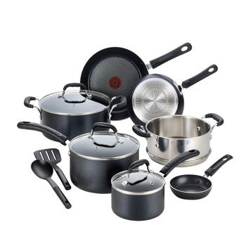 T-fal 12-piece non-stick cookware set, wok, frying pan, stew pot, soup pot, frying pan, kitchenware set, black, 12-piece set