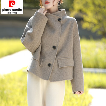 Pierre cardin double-sided cashmere coat women's short autumn and winter new small loose slim woolen coat mixed brown s 90-125