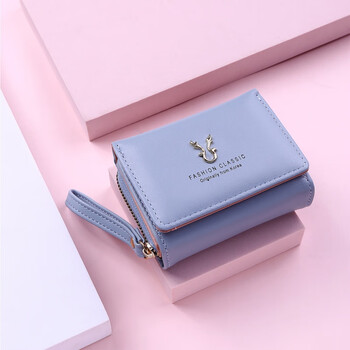 Woodpecker (tucano) new women's wallet pu leather short antler wallet mini zipper coin purse cartoon three-fold buckle card holder blue