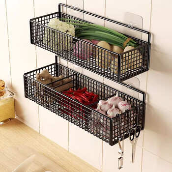 Kunfeng onion ginger garlic kitchen shelves wall-mounted storage condiments ginger and garlic various artifacts wall drainage vegetable basket no punching black single-layer small-regular style